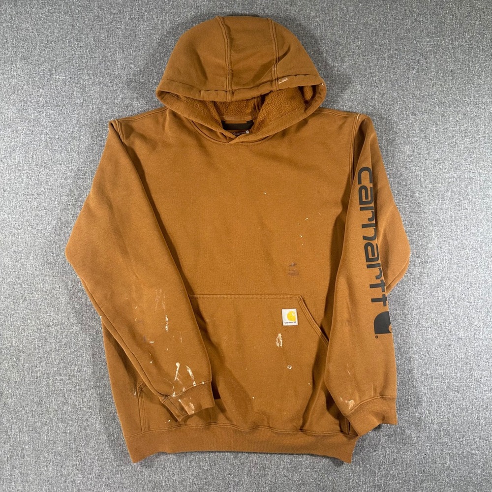 Carhartt K288 Brown Sleeve Logo Hoodie Mens Medium Loose Fit Workwear Pullover